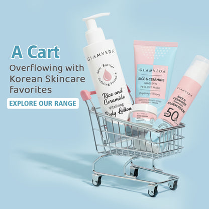Glamveda Rice Water & Ceramide Glass Skin Brightening Face Wash in a clear bottle with white and blue packaging.