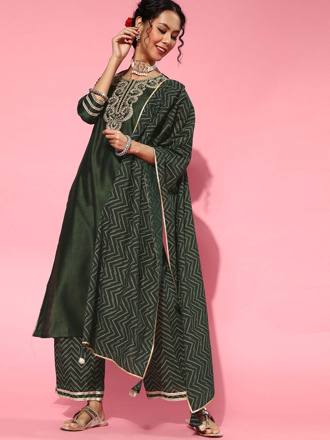 Indyancart IE Green Ethnic Motifs Embroidered Round Neck Straight Kurta with Palazzos & Dupatta