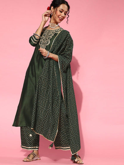 Indyancart IE Green Ethnic Motifs Embroidered Round Neck Straight Kurta with Palazzos & Dupatta