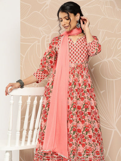 Indyancart VA Women'sFloral Printed Empire Gotta Patti Pure Cotton Kurta With Trousers & Dupatta