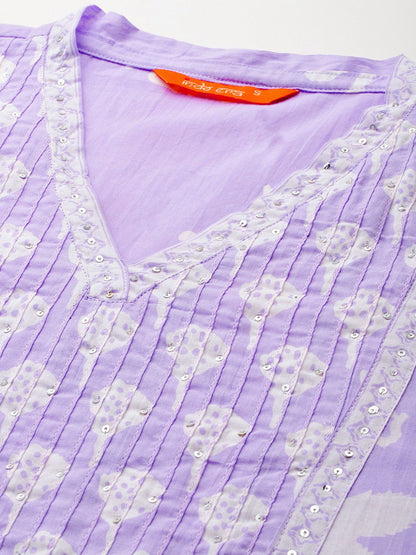 Indyancart IE Floral Printed Sequinned Pure Cotton Kurta With Trousers & Dupatta