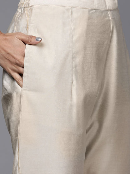 Indyancart IE Women Off White Embroidered Thread Work Liva Kurta with Trousers