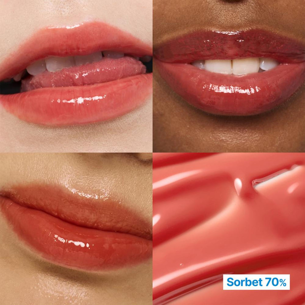 fwee 3D Voluming Gloss in Sorbet 70 with vibrant pink-orange pigment and shiny finish, showcasing the product bottle and applicator.