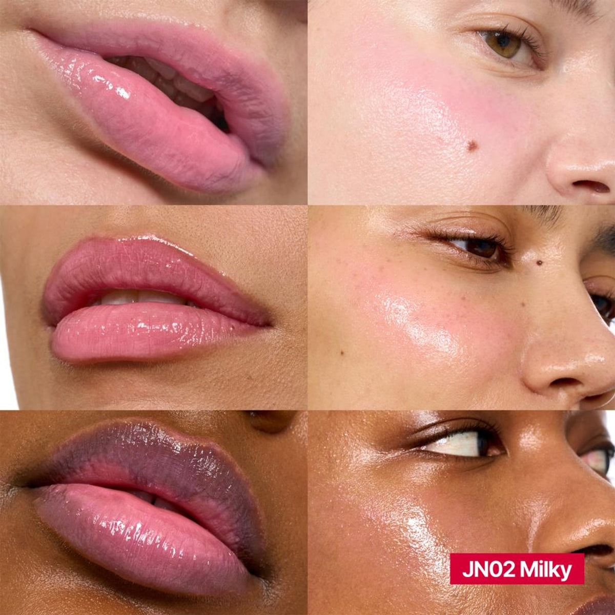 fwee Lip&Cheek Glowy Jelly Pot showing a milky, dewy multi-use lip and cheek tint balm in a compact jar with a glossy finish