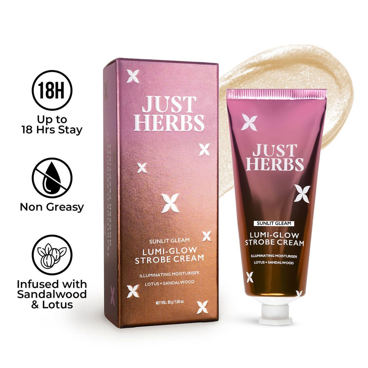 Just Herbs Lumi Glow Golden Strobe Cream with sunlit gleam, showcasing its luminous, shimmering texture for radiant skin.