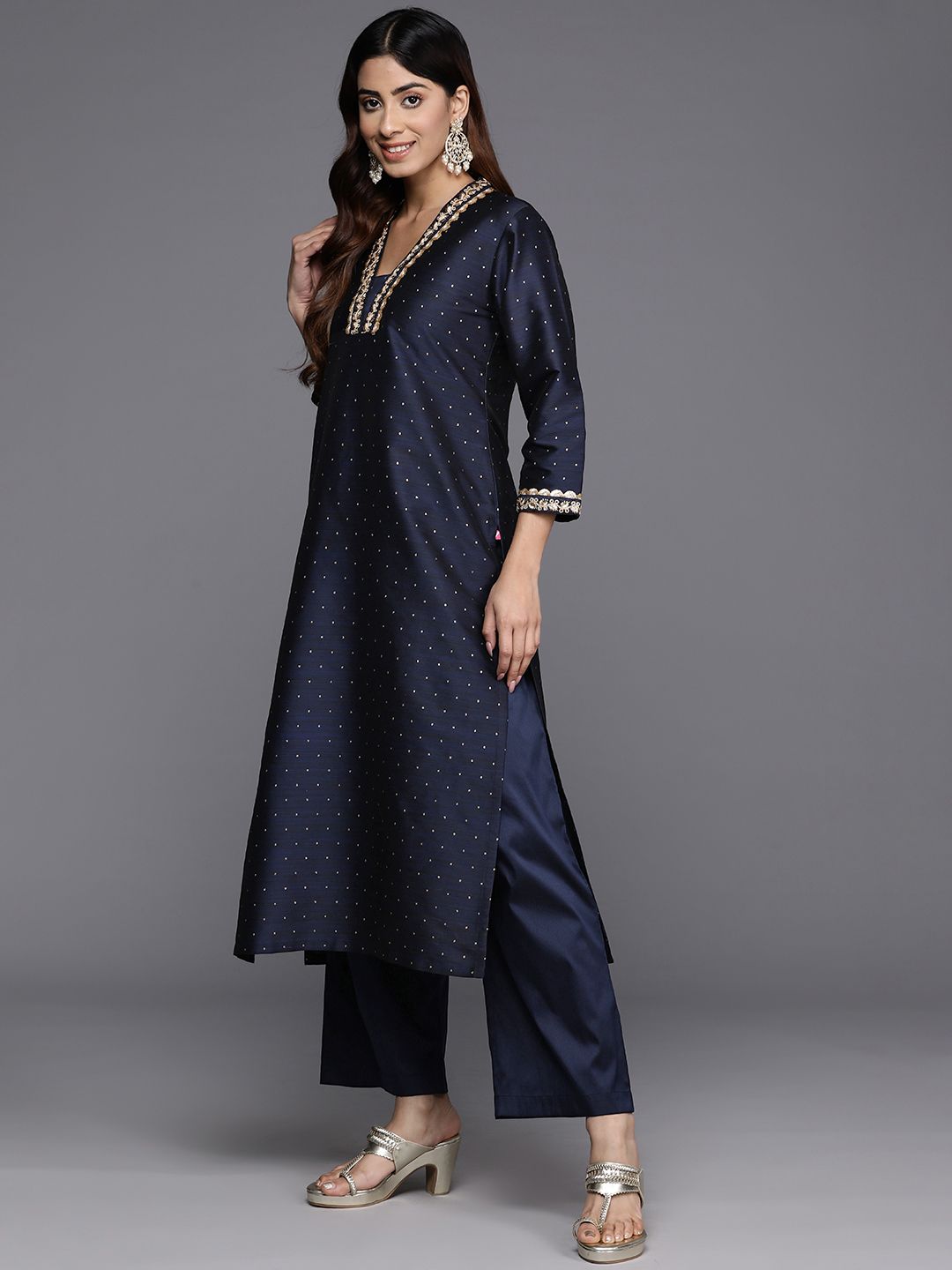 Indyancart VA Women'sSequinned Kurta with Trousers & Dupatta