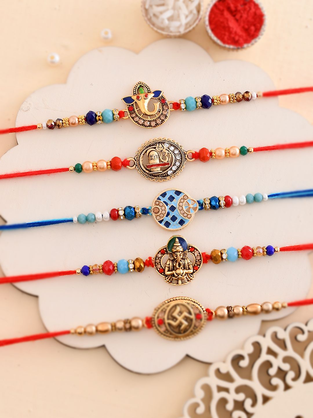Anouk Set Of 5 Divine Beaded Thread Rakhi With Roli Chawal & Greetings Card