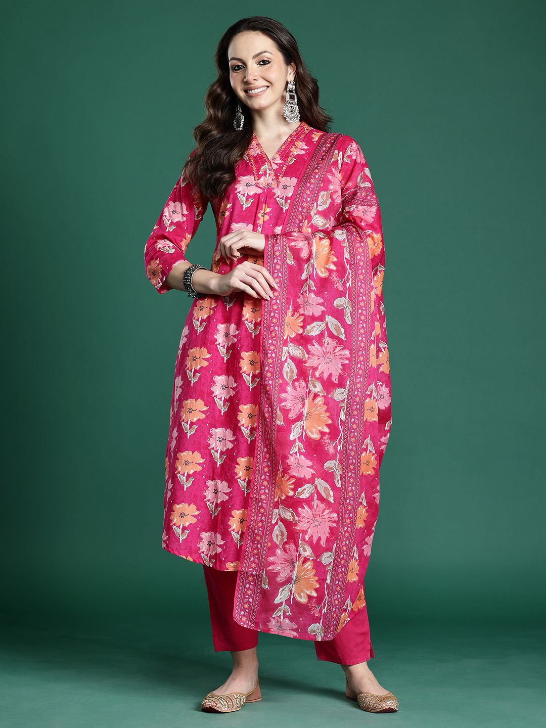 Floral Printed Pure Cotton Kurta with Trousers & Dupatta