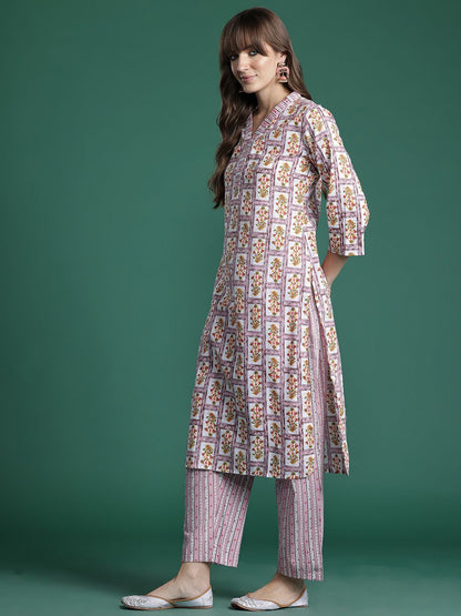 Indyancart IE Floral Printed Pure Cotton Kurta with Trousers