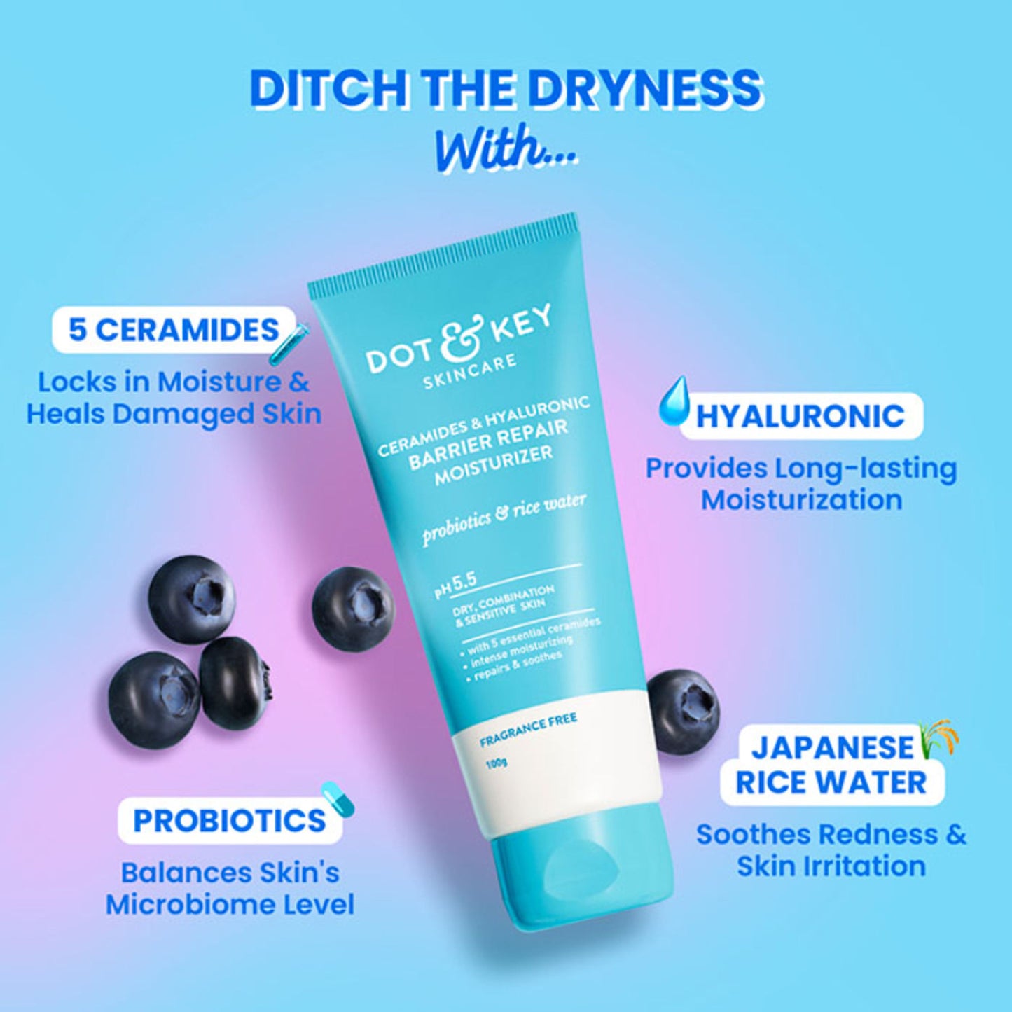Dot & Key Hyaluronic + Ceramide Barrier Repair Hydrating Face Moisturizer Cream, Normal To Dry Skin