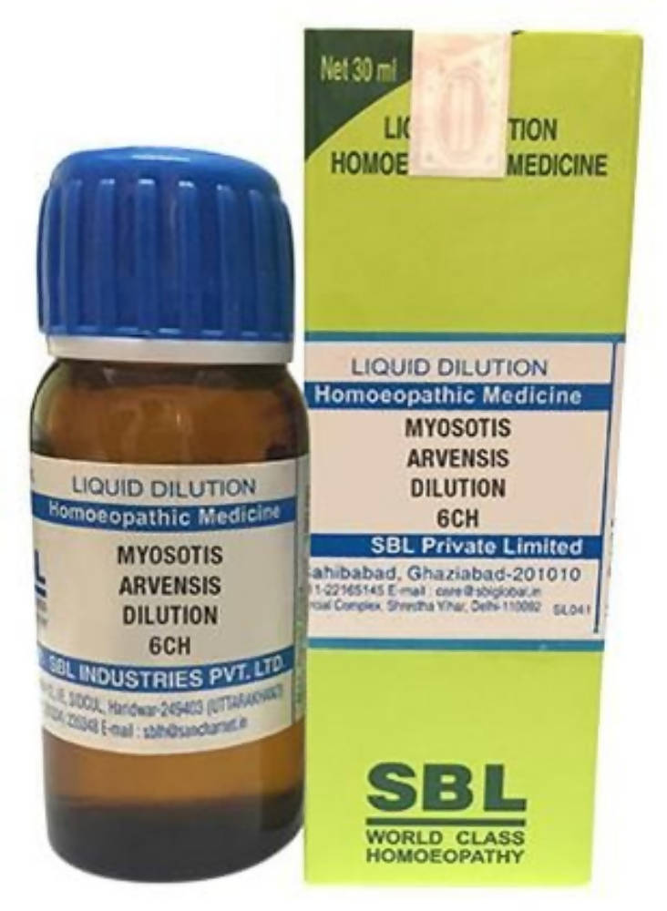 SBL Homeopathy Myosotis Arvensis dilution bottle for wellness, with label showing the product and brand details.