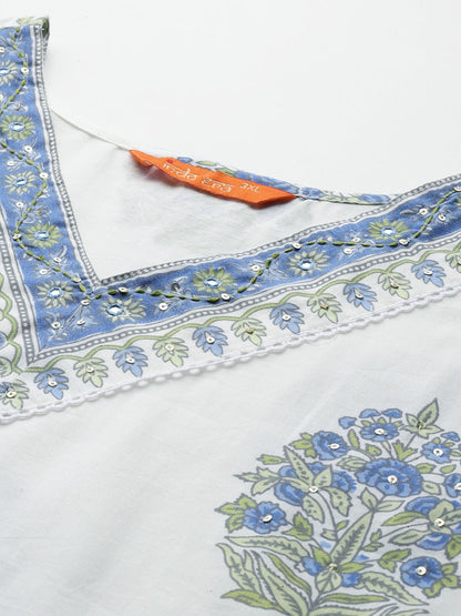 Indyancart IE Plus Size Floral Printed Sequinned Pure Cotton Kurta with Trousers & With Dupatta