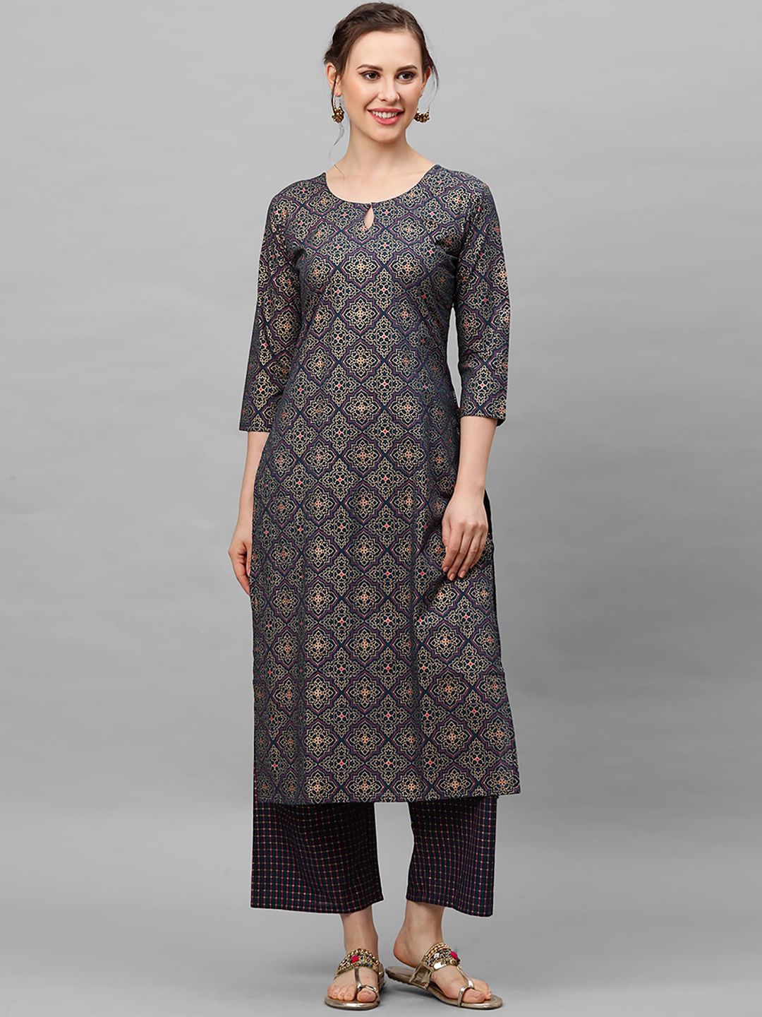 Women Navy Blue Printed Regular Straight Keyhole Neck Pure Cotton Kurta Set