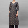Indyancart IE Women Navy Blue Printed Regular Straight Keyhole Neck Pure Cotton Kurta Set