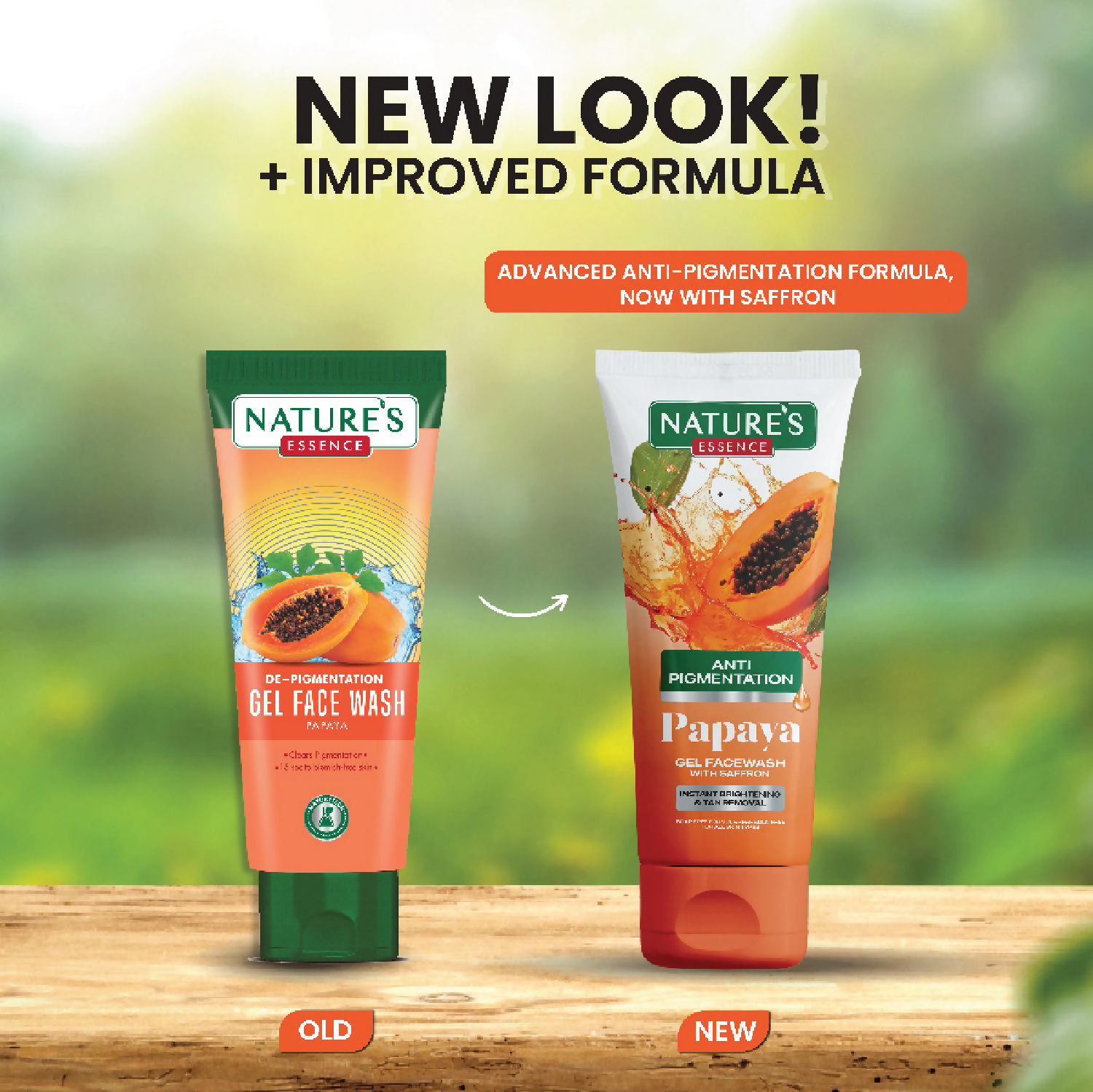 Nature's Essence anti-pigmentation papaya face wash gel in a clear tube with a green cap, showing the product label and packaging.