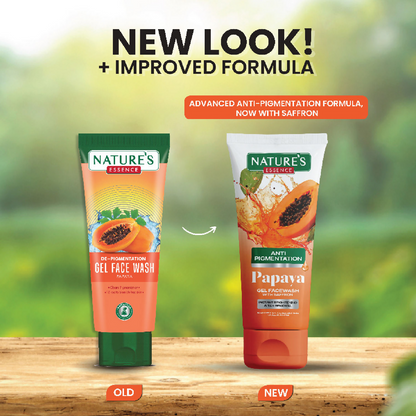 Nature's Essence anti-pigmentation papaya face wash gel in a clear tube with a green cap, showing the product label and packaging.
