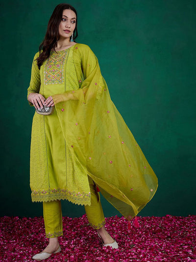 Indyancart SN Women's Lime Green Floral Embroidered Straight Kurta With Trouser & Dupatta