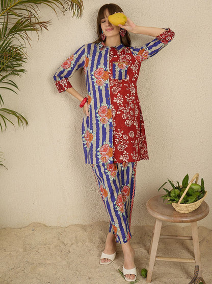 Indyancart IE Printed Pure Cotton Straight Tunic & Trousers Co-Ord Set