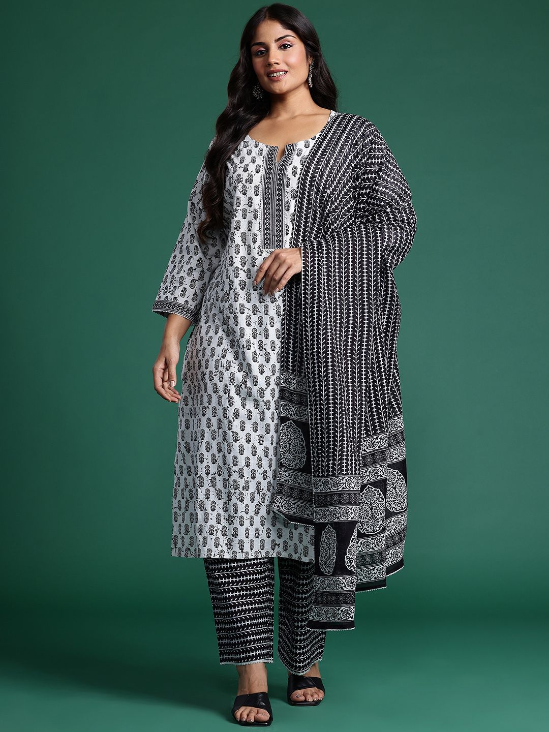 Indyancart Women's Floral Printed Kurta with Trousers & Dupatta