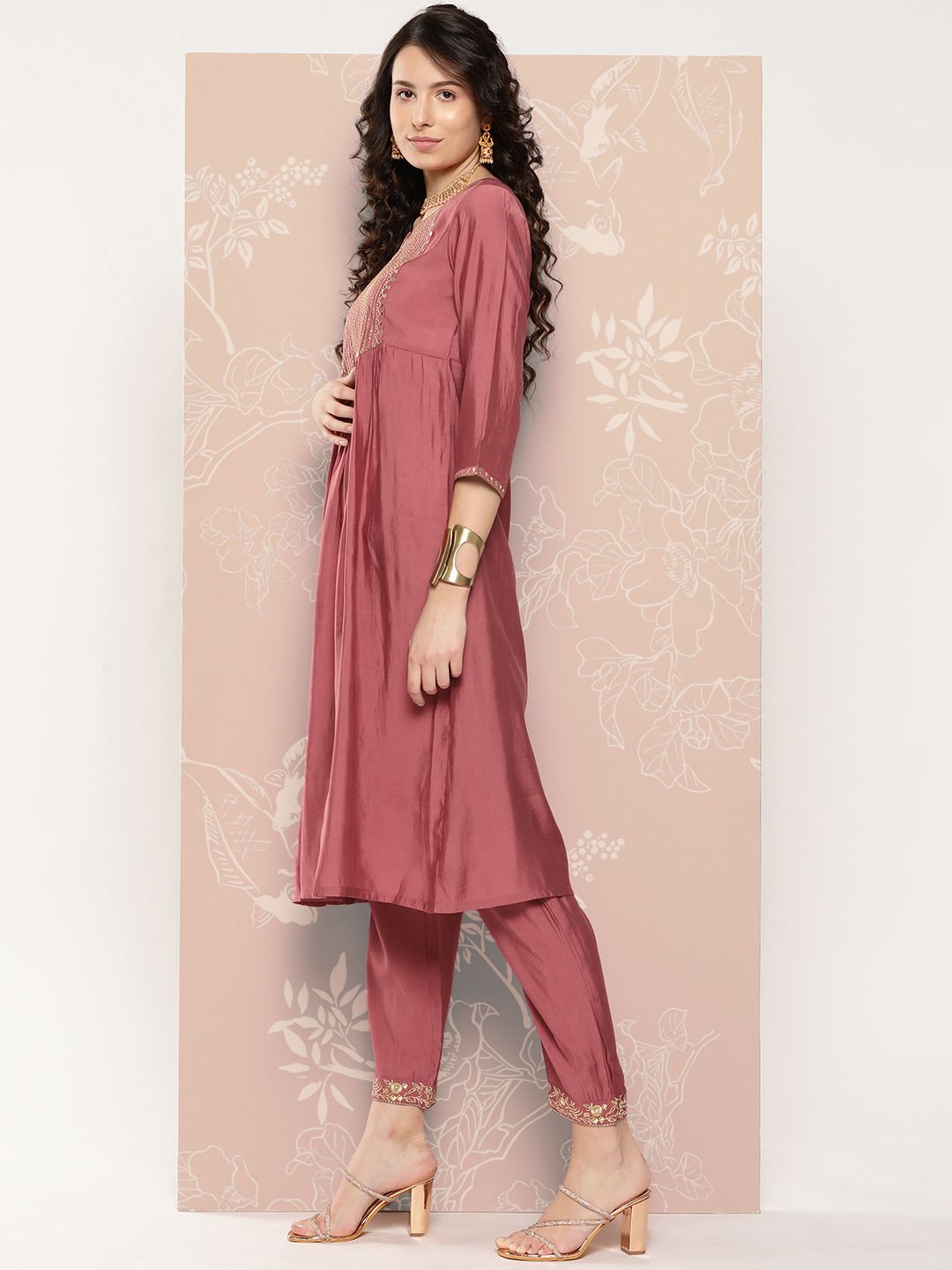 Indyancart VA Women's Embroidered Empire Kurta with Trousers & With Dupatta