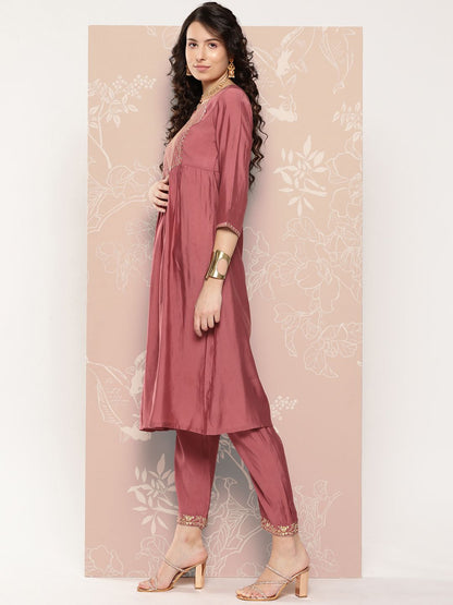 Indyancart VA Women's Embroidered Empire Kurta with Trousers & With Dupatta