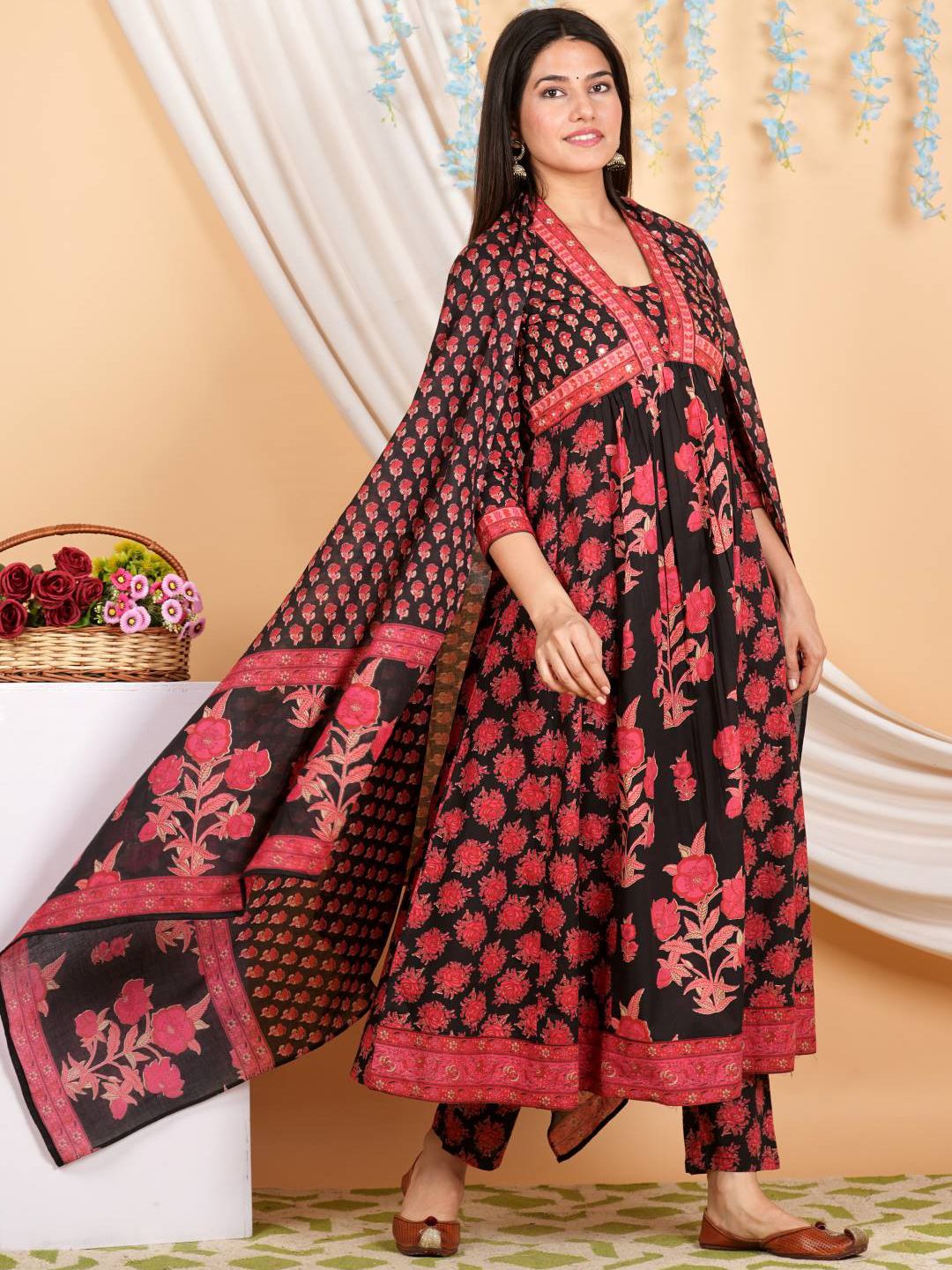 Indyancart VA Women'sFloral Printed Empire Mirror Work Pure Cotton Kurta with Trousers & With Dupatta