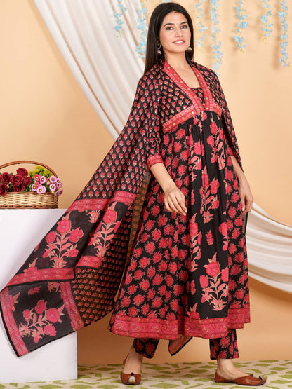 Indyancart VA Women'sFloral Printed Empire Mirror Work Pure Cotton Kurta with Trousers & With Dupatta