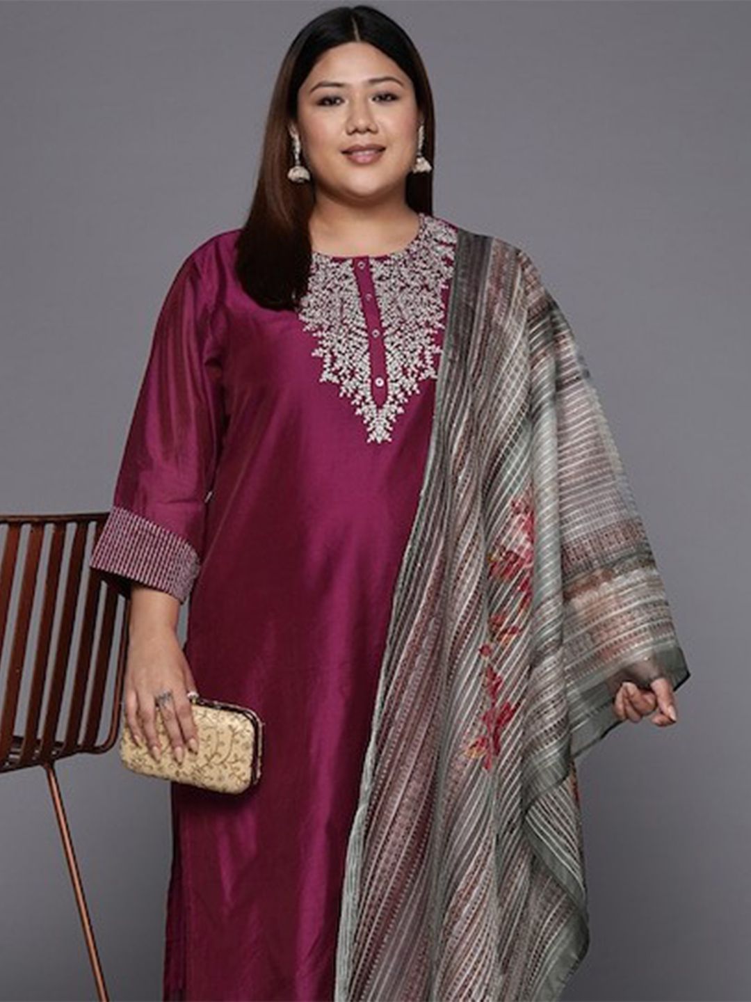 Indyancart VA Women's Magenta Yoke Design Sequinned Chanderi Silk Kurta with Trousers & Dupatta