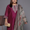 Indyancart VA Women's Magenta Yoke Design Sequinned Chanderi Silk Kurta with Trousers & Dupatta
