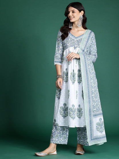 Indyancart IE Women Floral Printed Empire Pure Cotton Kurta With Palazzos & Dupatta