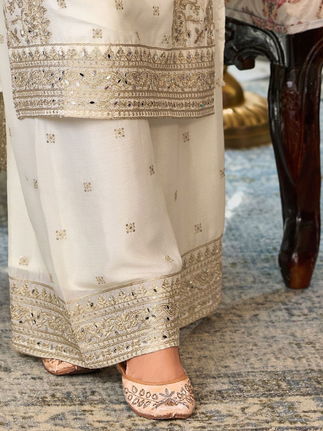 Indyancart IE Floral Embroidered Notch Neck Mirror Work Straight Kurta With Palazzos & Dupatta