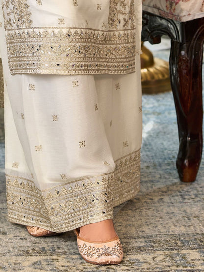 Indyancart IE Floral Embroidered Notch Neck Mirror Work Straight Kurta With Palazzos & Dupatta
