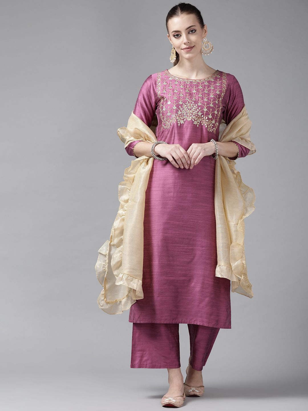 Dhiyona IE Women Pink & Golden Ethnic Motifs Yoke Design Kurta with Palazzos & With Dupatta