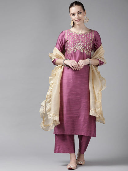 Dhiyona IE Women Pink & Golden Ethnic Motifs Yoke Design Kurta with Palazzos & With Dupatta