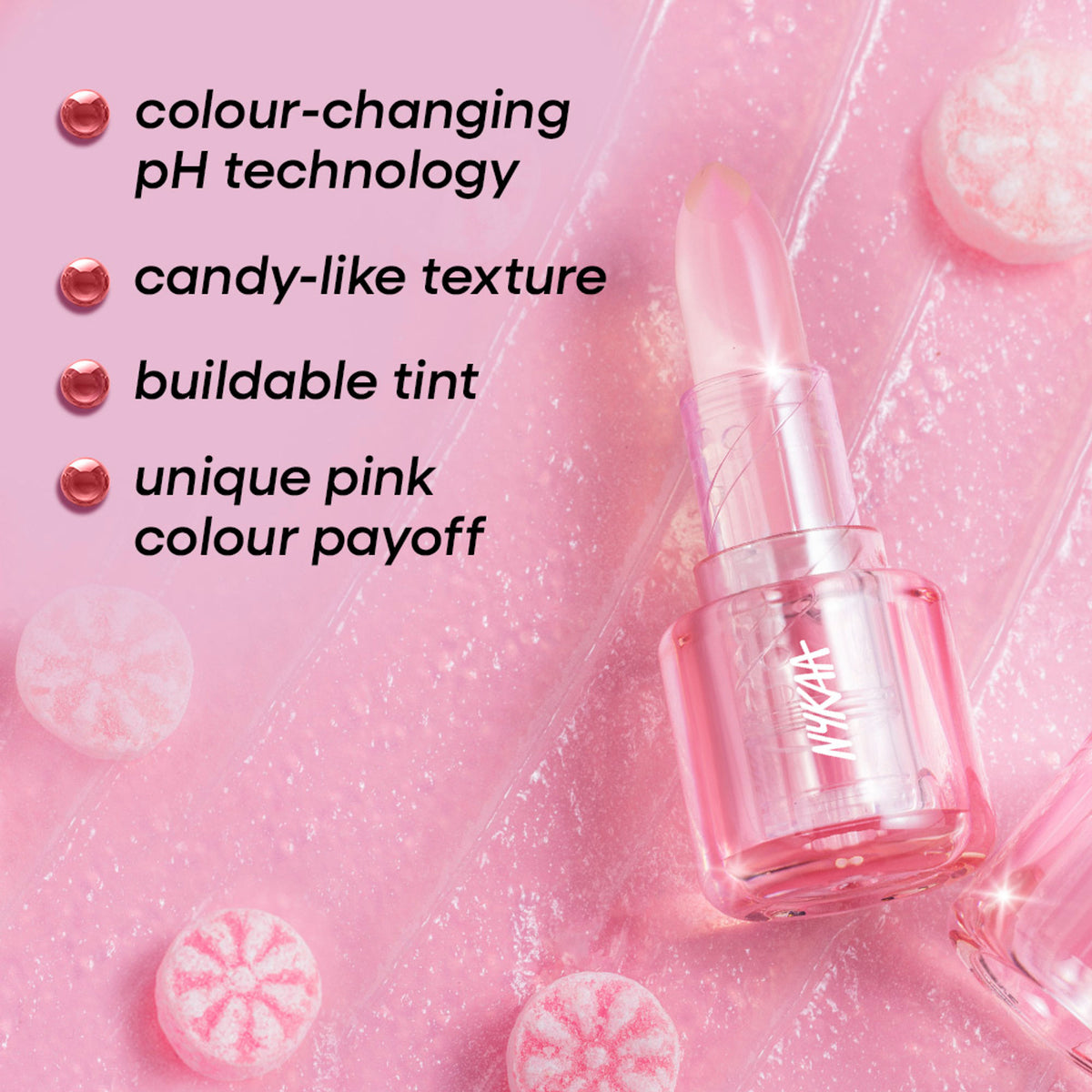 Nykaa Cosmetics Lolli Lips pH Colour Changing Lip Tint in Pink Pop Rocks, showing vibrant pink lipstick with a glossy finish.
