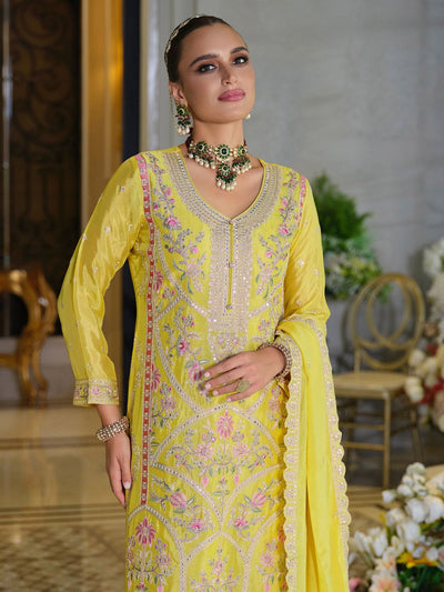 Indyancart IE Adults-Women Woven Design Embroidered Kurta with Palazzos & Dupatta