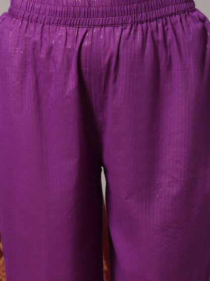 Indyancart VA Women's Purple Ethnic Motifs Yoke Design Pure Cotton Kurta with Trousers & Dupatta