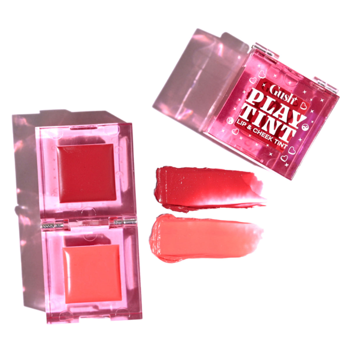 Gush Beauty 2-in-1 Lip and Cheek Tint in Bubblegum Burst, showing vibrant pink blush and tinted lips in a close-up shot.
