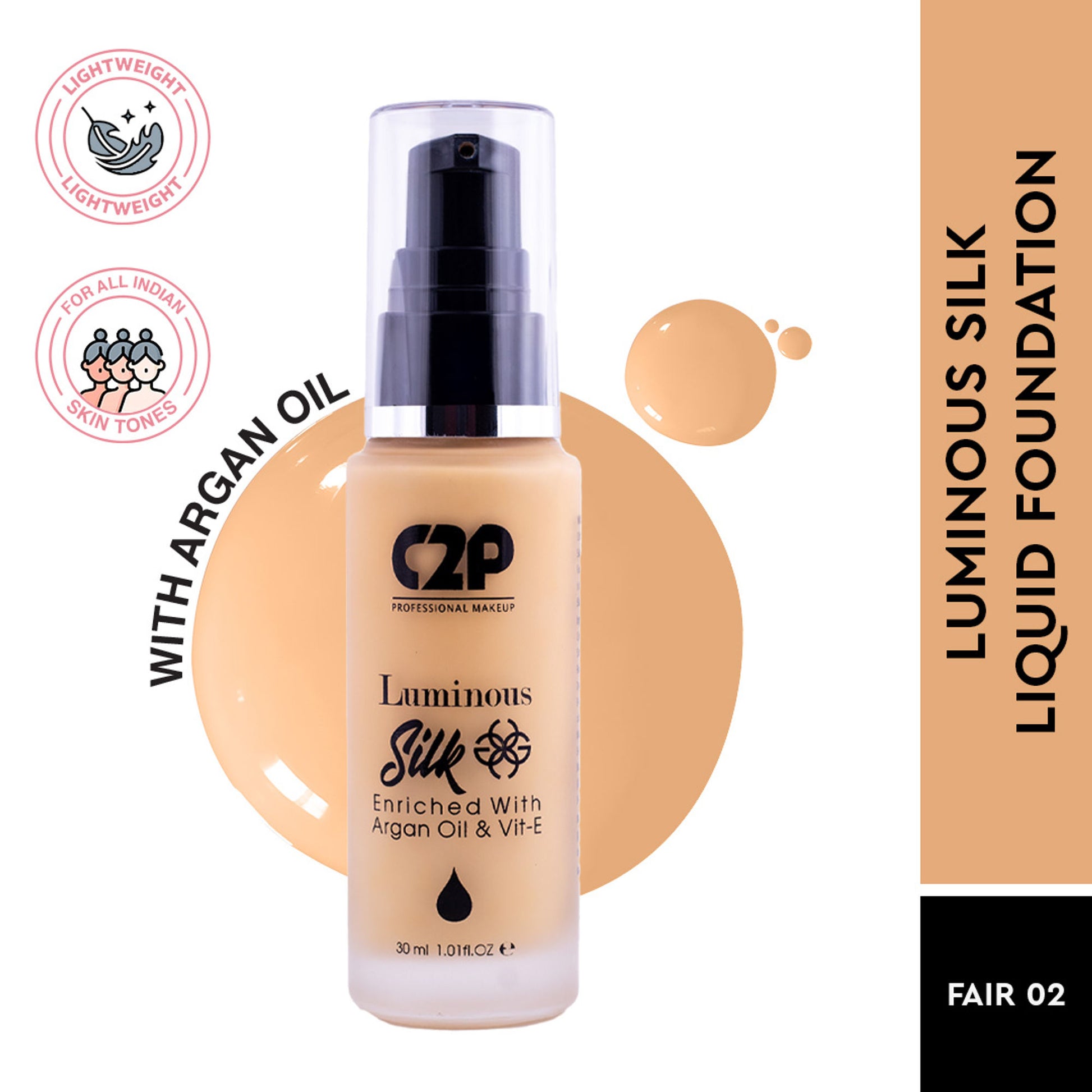 C2p Pro Luminous Silk High Coverage Liquid Foundation For Face Makeup - Fair 02