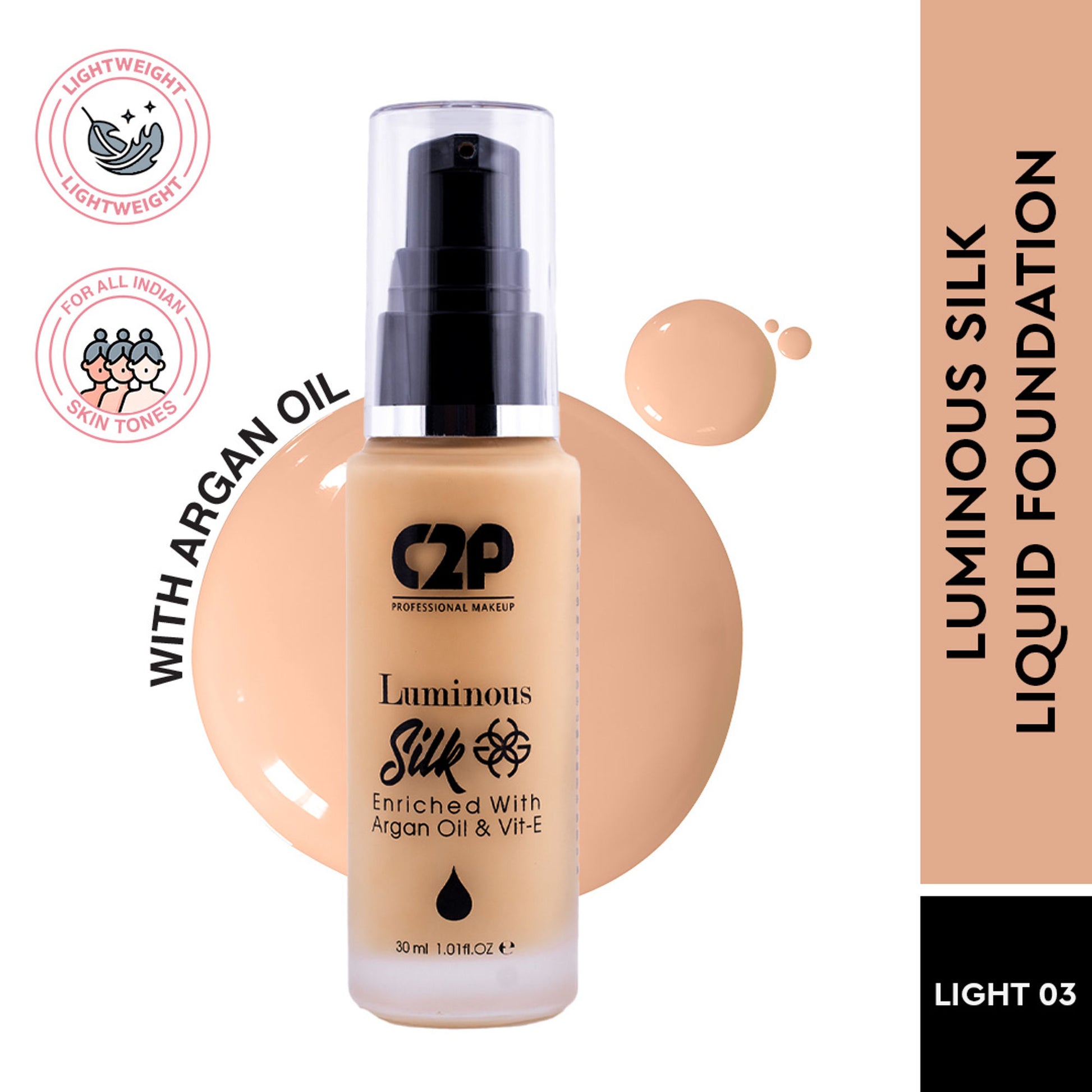 C2p Pro Luminous Silk High Coverage Liquid Foundation For Face Makeup - Light 03