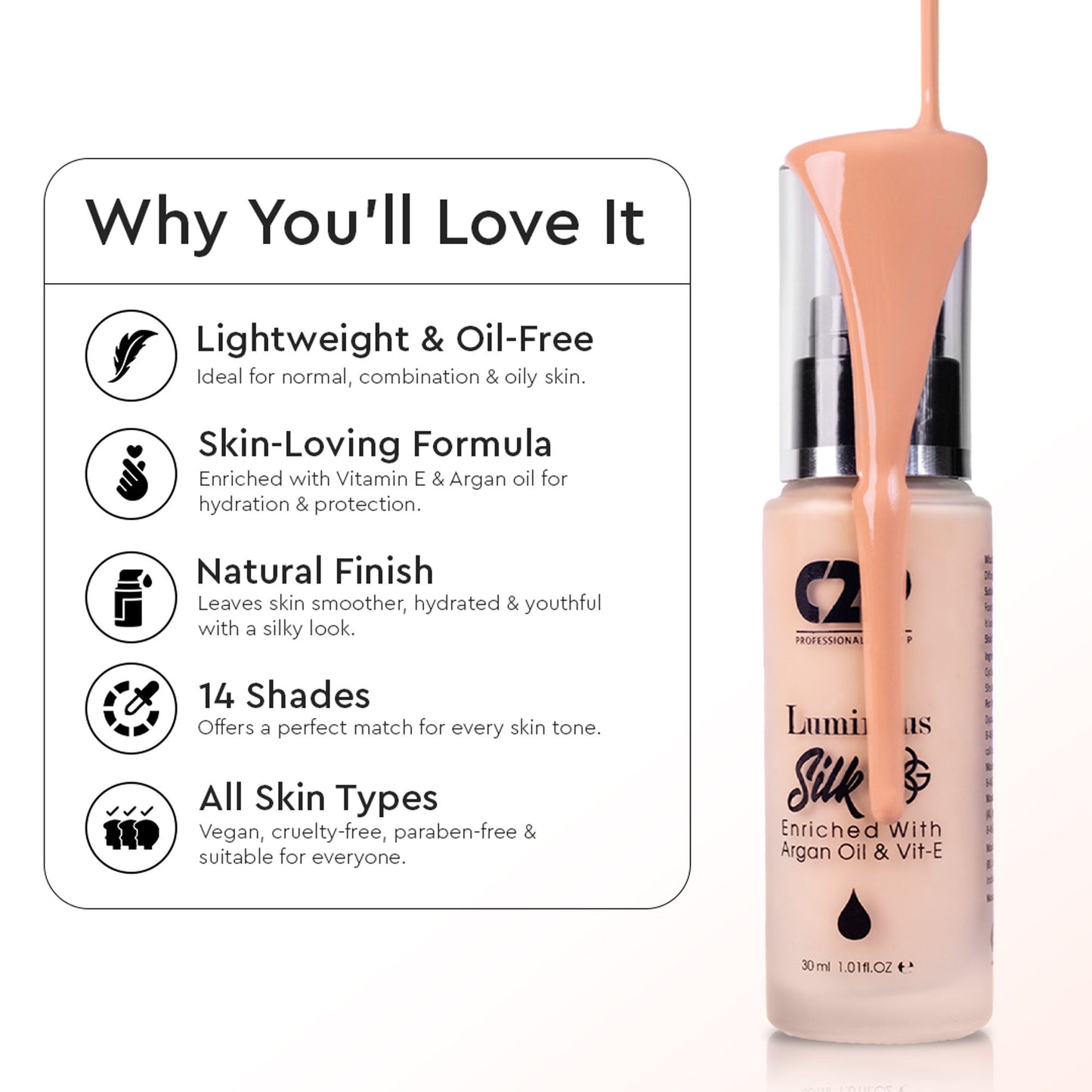 C2p Pro Luminous Silk High Coverage Liquid Foundation For Face Makeup - Light 03