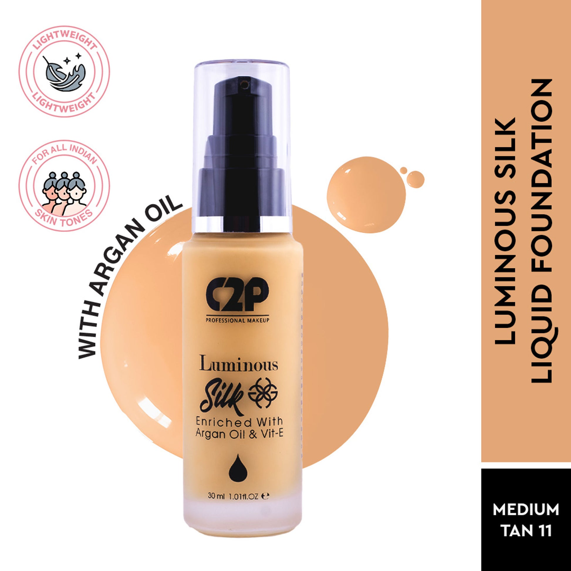 C2p Pro Luminous Silk High Coverage Liquid Foundation For Face Makeup - Medium Tan 11