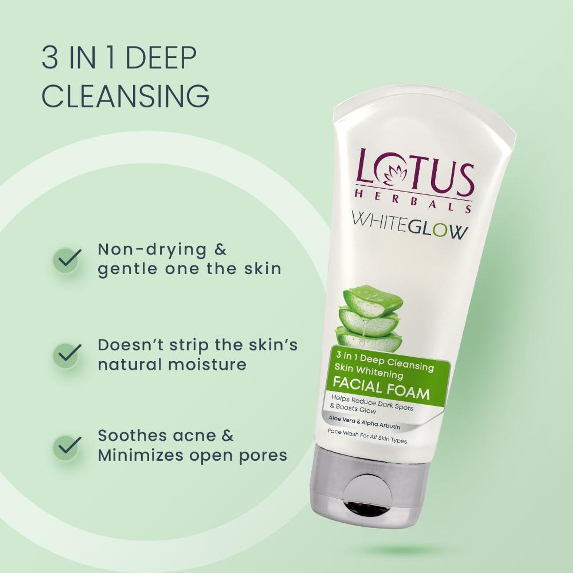 Lotus Herbals WhiteGlow 3 In 1 Deep Cleansing Facial Foam, Acne & Oil-Control For All Skin Types