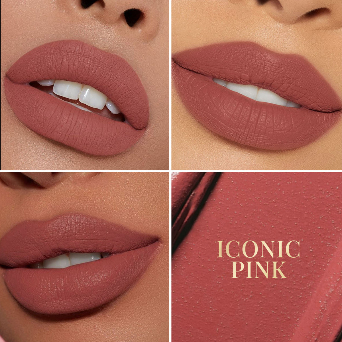 MCaffeine Shades Velvet Blur Matte Liquid Lipstick in Iconic Pink, lightweight with 12-hour wear, shown in a sleek tube.