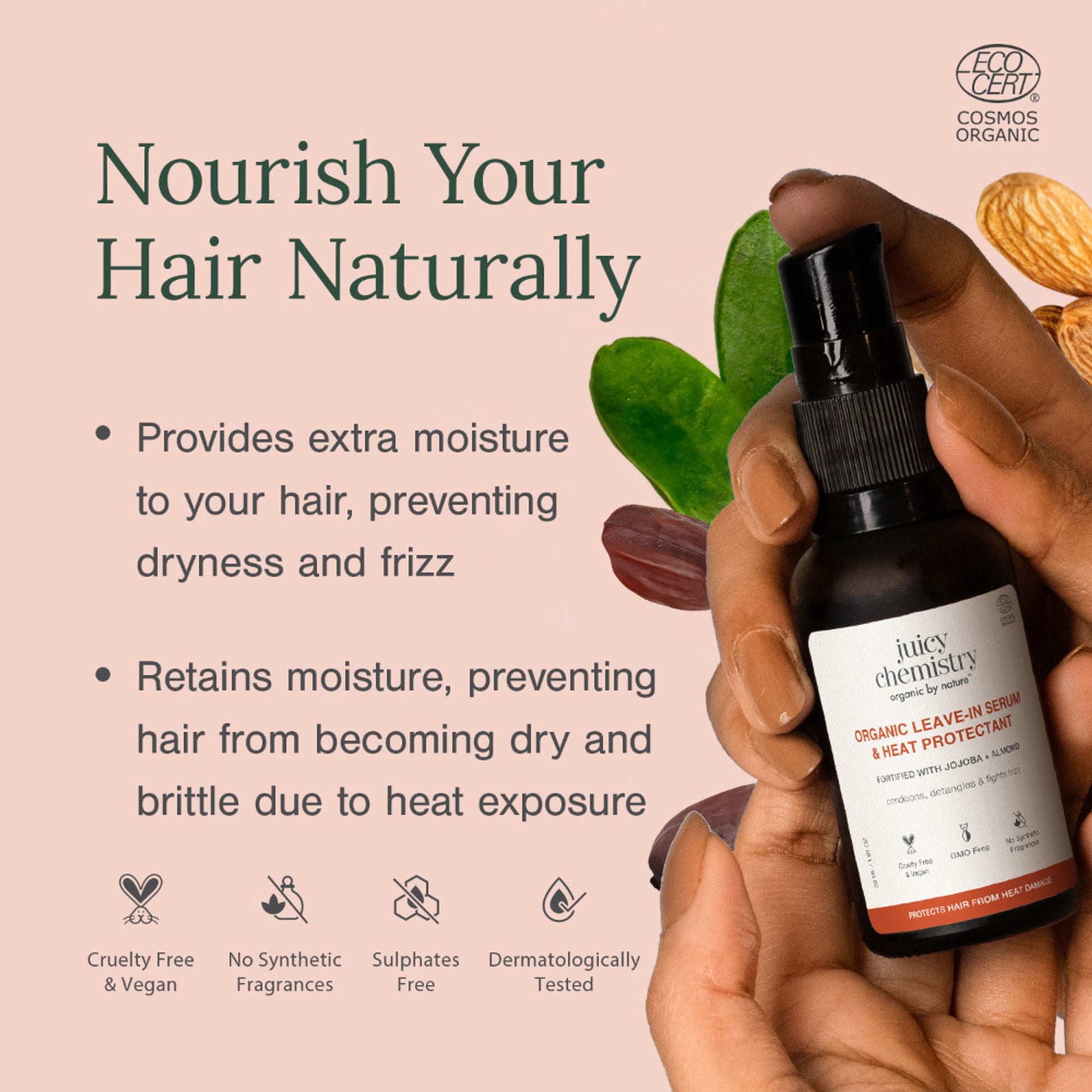 Juicy Chemistry Certified Organic Leave-in Hair Serum & Heat Protectant Fortified with Jojoba