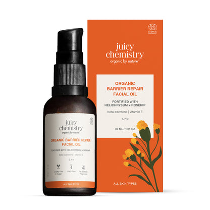 Juicy Chemistry Helichrysum and Rosehip facial oil for anti-scarring and pigmentation control, with natural ingredients and vibrant packaging.