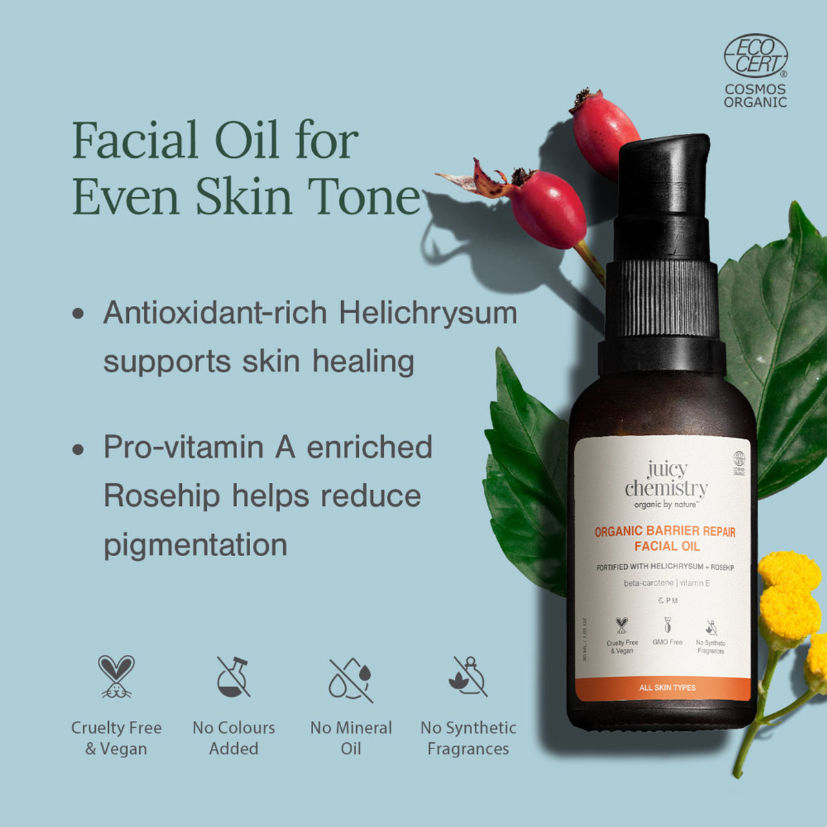 Juicy Chemistry Helichrysum and Rosehip facial oil for anti-scarring and pigmentation control, featuring a glass bottle with dropper.