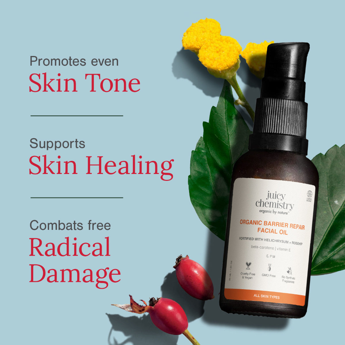 Juicy Chemistry Helichrysum and Rosehip facial oil for anti-scarring and pigmentation control, shown in a glass bottle with dropper.