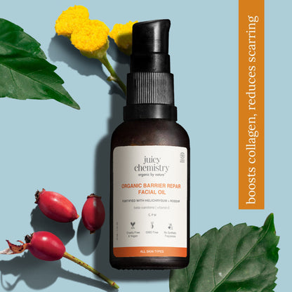 Juicy Chemistry Helichrysum and Rosehip facial oil for anti-scar and pigmentation control, featuring natural botanical ingredients.
