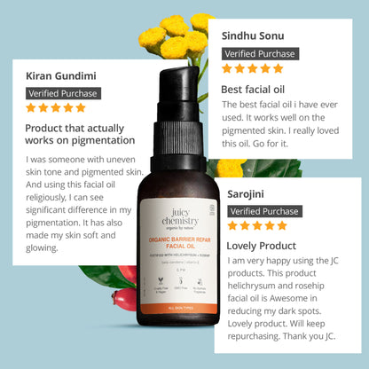 Juicy Chemistry Helichrysum and Rosehip facial oil for anti-scarring and pigmentation control, natural skincare product.